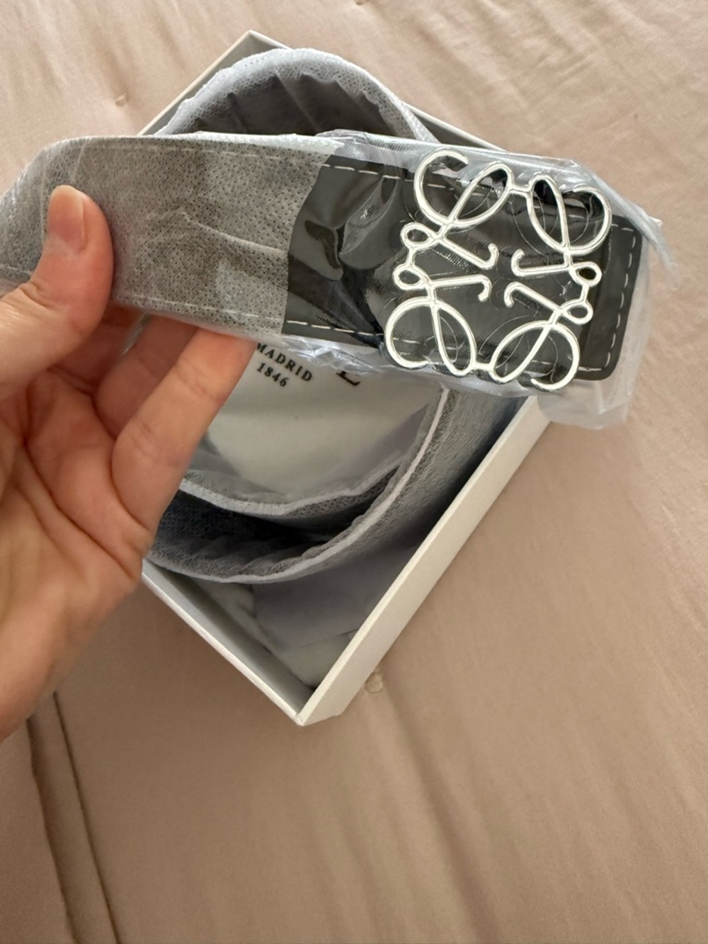 Gray Leather Belt with Silver Signature Buckle